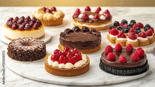 Assorted mini cakes and tarts.  Variety of delicious desserts, including cheesecakes, tarts, and chocolate cakes, adorned with fresh berries and cream