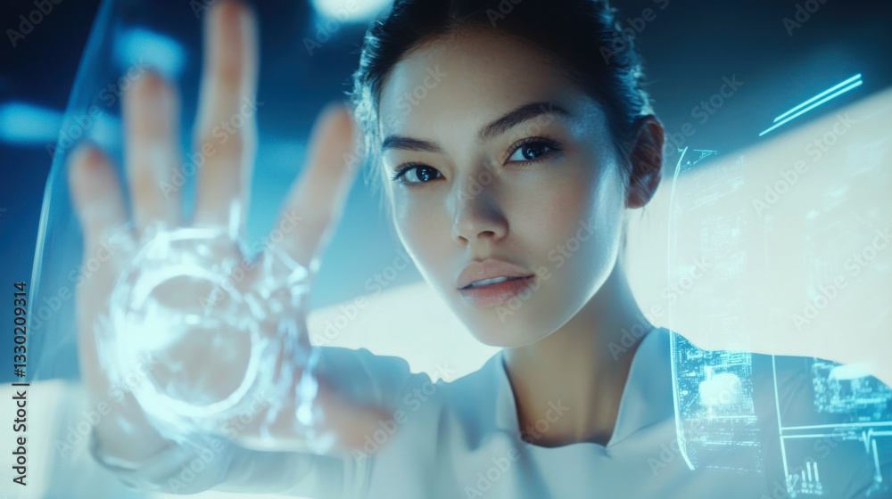 Futuristic asian woman interacting with holographic interface in advanced technology setting