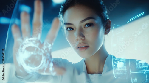 Obraz na płótnie Futuristic asian woman interacting with holographic interface in advanced technology setting w salonie