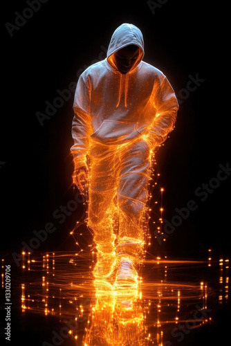 Obraz na płótnie Futuristic man in illuminating hoodie walking with glowing sparks in darkness w salonie