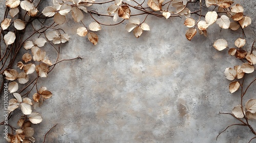 Dried Leaves Frame on Gray Background, A textured gray background adorned with dried leaves and twigs, creating a natural frame