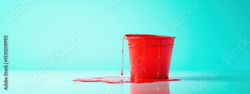 bucket leak water hole leaky drop leakage flood cartoon rain. house useless tap pipe flow pail ceiling concept spill container roof waste broken puddle wash plumbing running wastage lack apartment