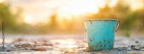 bucket leak water hole leaky drop leakage flood cartoon rain. house useless tap pipe flow pail ceiling concept spill container roof waste broken puddle wash plumbing running wastage lack apartment