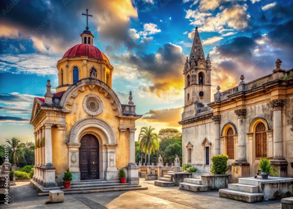 Obraz premium Havana Colon Cemetery Church Photography: Historic Cuban Architecture, Necropolis, Mausoleum, Crypt, Tombstones, Old Havana, Colonial Architecture, Caribbean, Cuba Travel, Cemetery, Funera