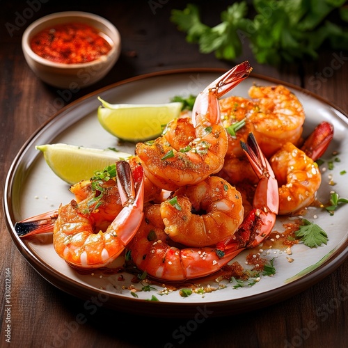 Grilled shrimp with a smoky char is topped with spicy sambal and a sprinkle of fine salt, enhancing its rich flavor
