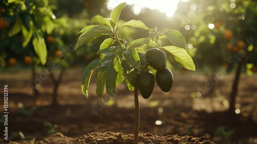 Young avocado tree in orchard with mature fruit, sunlit