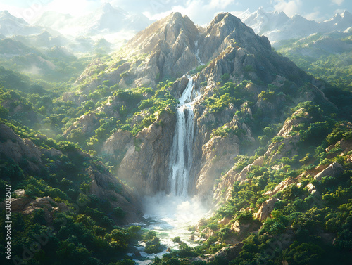 Majestic Waterfall in Mountain Valley