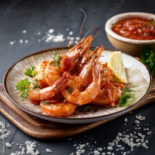 Grilled shrimp with a smoky char is topped with spicy sambal and a sprinkle of fine salt, enhancing its rich flavor