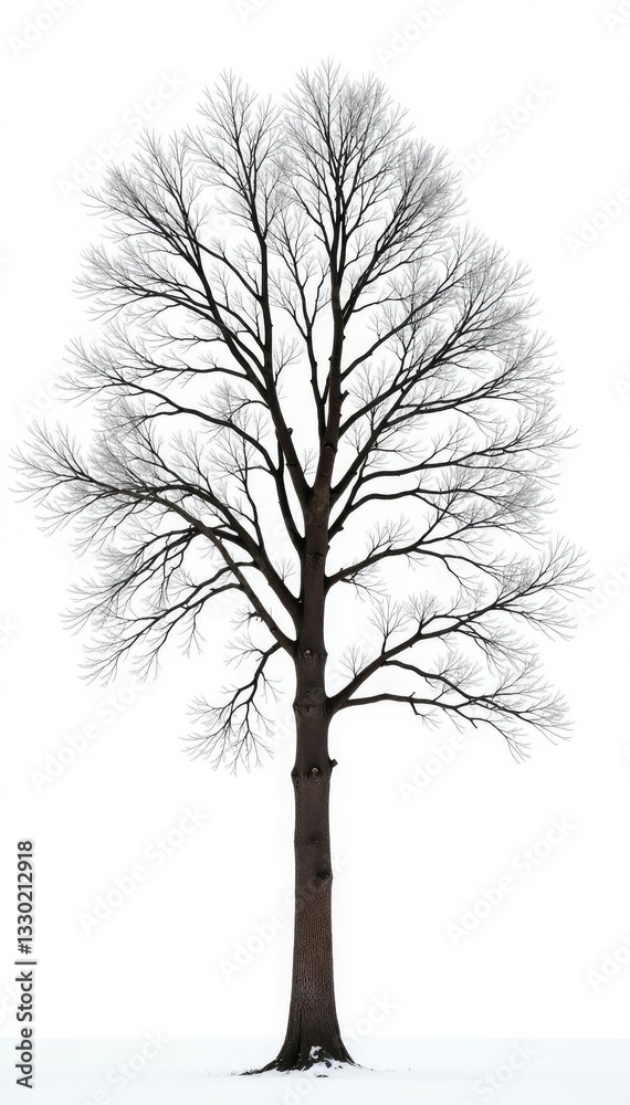Obraz premium Tall tree with bare winter branches against a pure white background, bare, cold, winter