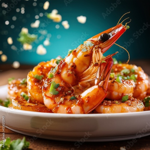 Grilled shrimp with a smoky char is topped with spicy sambal and a sprinkle of fine salt, enhancing its rich flavor