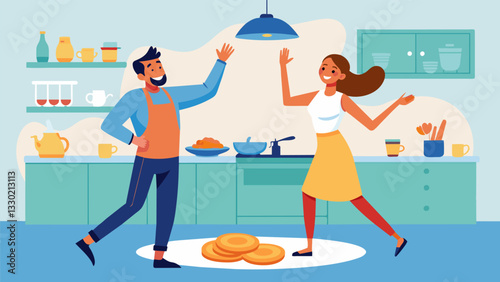 As they dance around the kitchen to their favorite playlist a couple playfully competes to see who can flip the most pancakes for their Sunday brunch. Vector illustration
