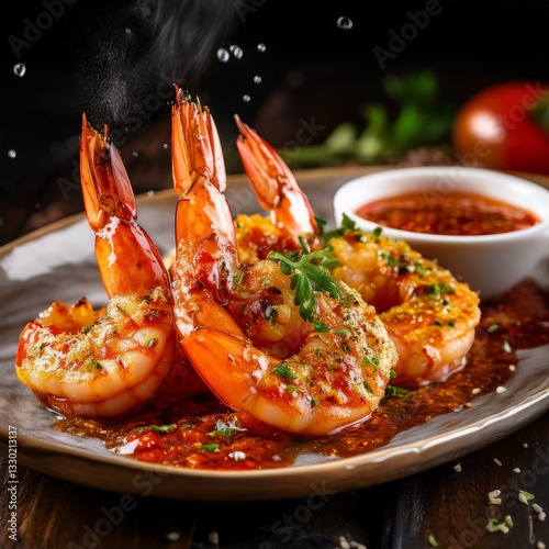 Grilled shrimp with a smoky char is topped with spicy sambal and a sprinkle of fine salt, enhancing its rich flavor