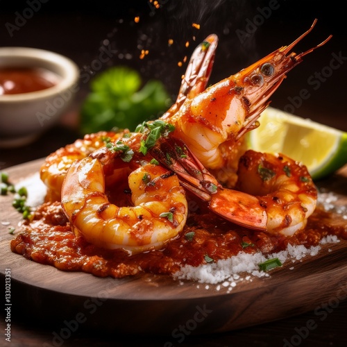 Grilled shrimp with a smoky char is topped with spicy sambal and a sprinkle of fine salt, enhancing its rich flavor