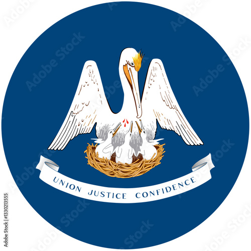 A Louisiana Pelican Family Nestled In Its Nest, Symbolizing Union, Justice, And Confidence, On A Rich Blue Circular Background