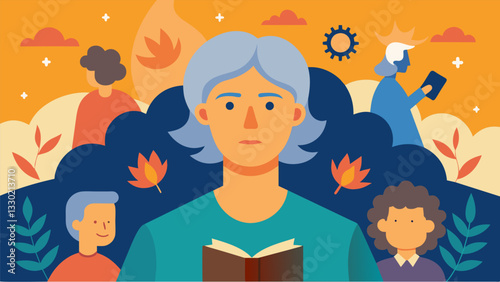 A resilient author sharing their personal journey of surviving and thriving through the challenges of middle age and beyond.. Vector illustration