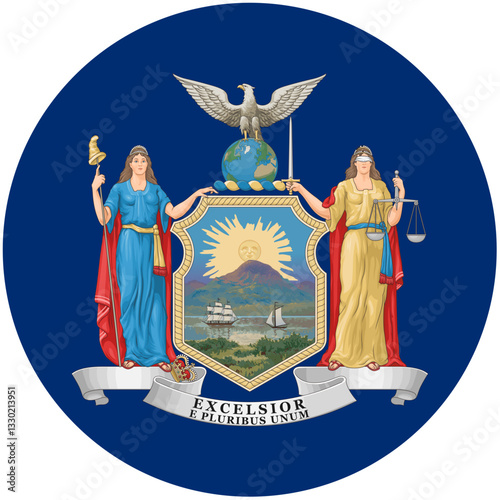 New York States Proud Emblem, A Majestic Seal Showcasing Liberty, Justice, And The States Scenic Beauty In Rich, Vibrant Colors On A Deep Blue Circular Background