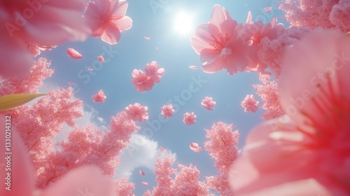 Pink Cherry Blossoms Falling From Trees In Sunny Sky