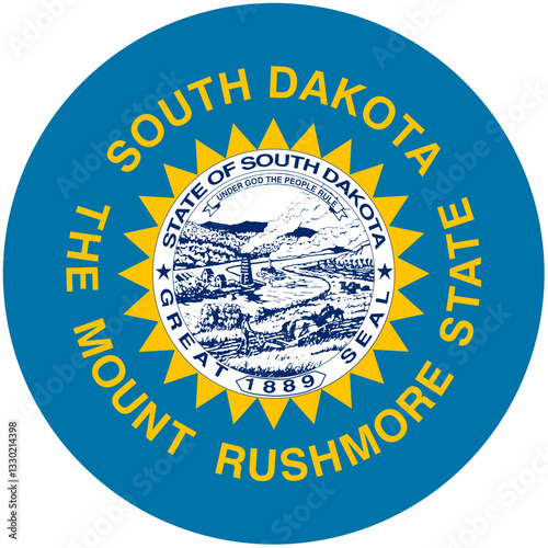 The Proud South Dakota State Seal, Showcasing Mount Rushmores Majestic Presence Within A Vibrant Circular Design Featuring A Sunburst Of Yellow Against A Deep Blue Backdrop
