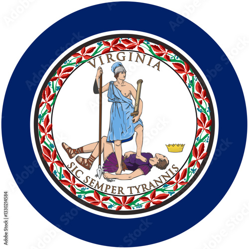 Virginias Resolute Spirit A Goddess Vanquishes Tyranny, Symbolized In A Classic Circular Emblem With Rich Blue And Red Hues