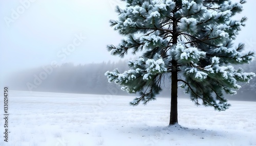 a lone pine tree in a snowy field