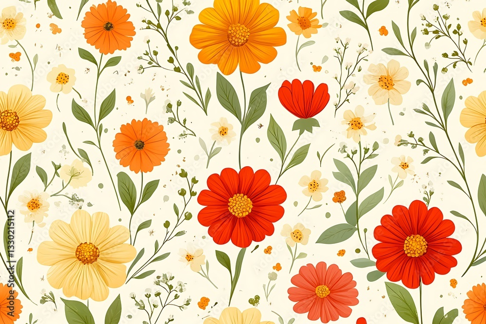 Seamless pattern with orange and yellow flowers on a cream background. Seamless pattern with orange and yellow flowers on a cream background.