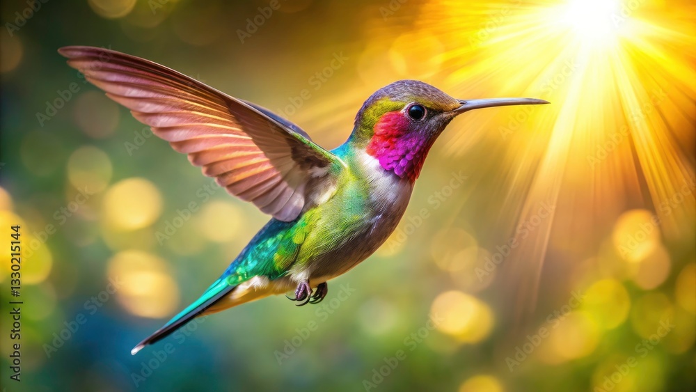 Fototapeta premium Hummingbird Flight, Nature Photography, Wildlife Bird, Avian Beauty, Flying Hummingbird, Green Jewel, Tiny Bird, Nature Wallpaper, Bird in Flight, High-Resolution Image