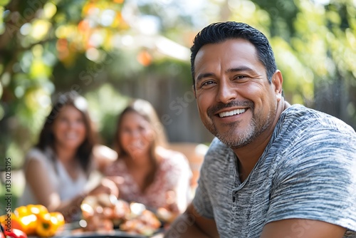 Happy man with family at BBQ.
