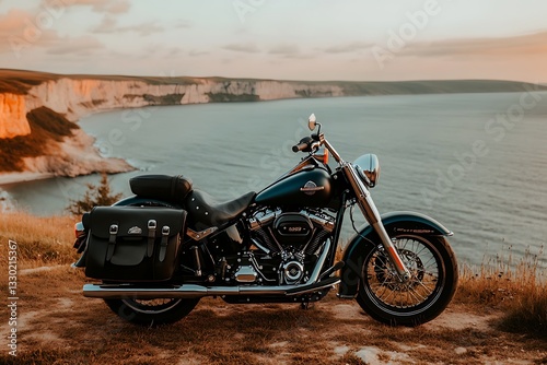 Classic Motorcycle by the Sea at Sunset
