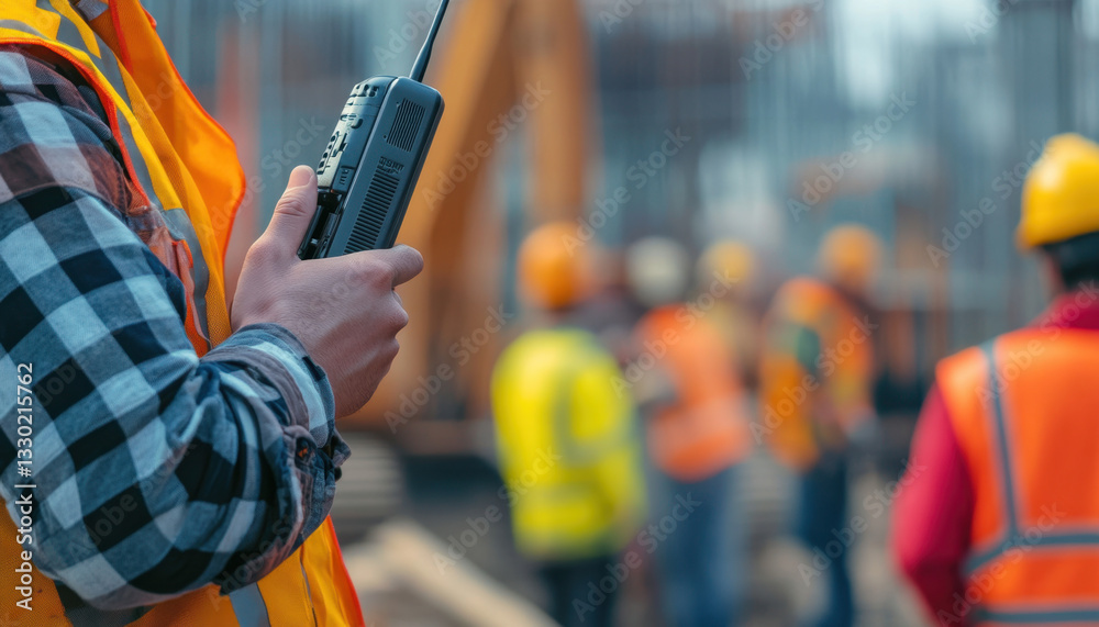Engineer holds walkie-talkies while coordinating with coworkers on a bustling construction site in daytime Engineer holds walkie-talkies while coordinating with coworkers on a bustling construction site in daytime