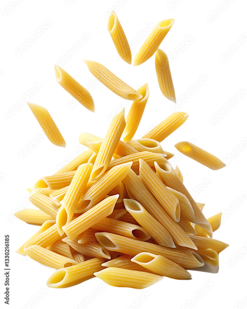 Falling raw Penne Rigate, uncooked Italian Pasta, isolated on white background PNG. GENERATIVE AI