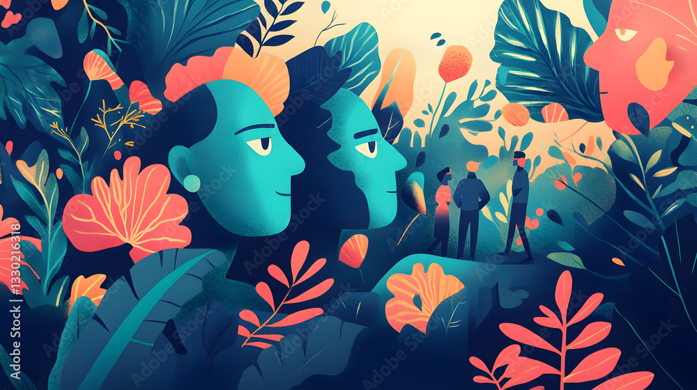 Fototapeta premium A man standing in a lush jungle surrounded by colorful flowers creating an enchanting scene with visionary motifs against a minimalist background.