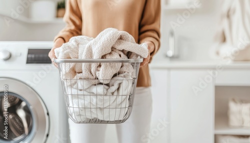 Modern home interior, woman doing laundry in a stylish white laundry room, holding a metal basket with neatly folded clothes