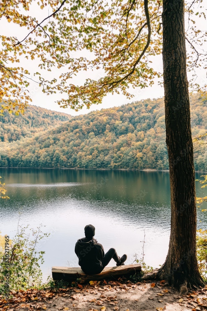 Serene Autumn Lake: Man Contemplating Nature's Beauty Serene Autumn Lake: Man Contemplating Nature's Beauty