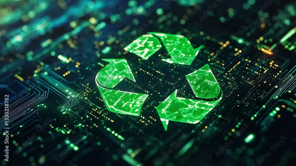 A green recycle symbol is integrated on a black circuit board, showcasing interconnected digital pathways and the concept of electronic waste management