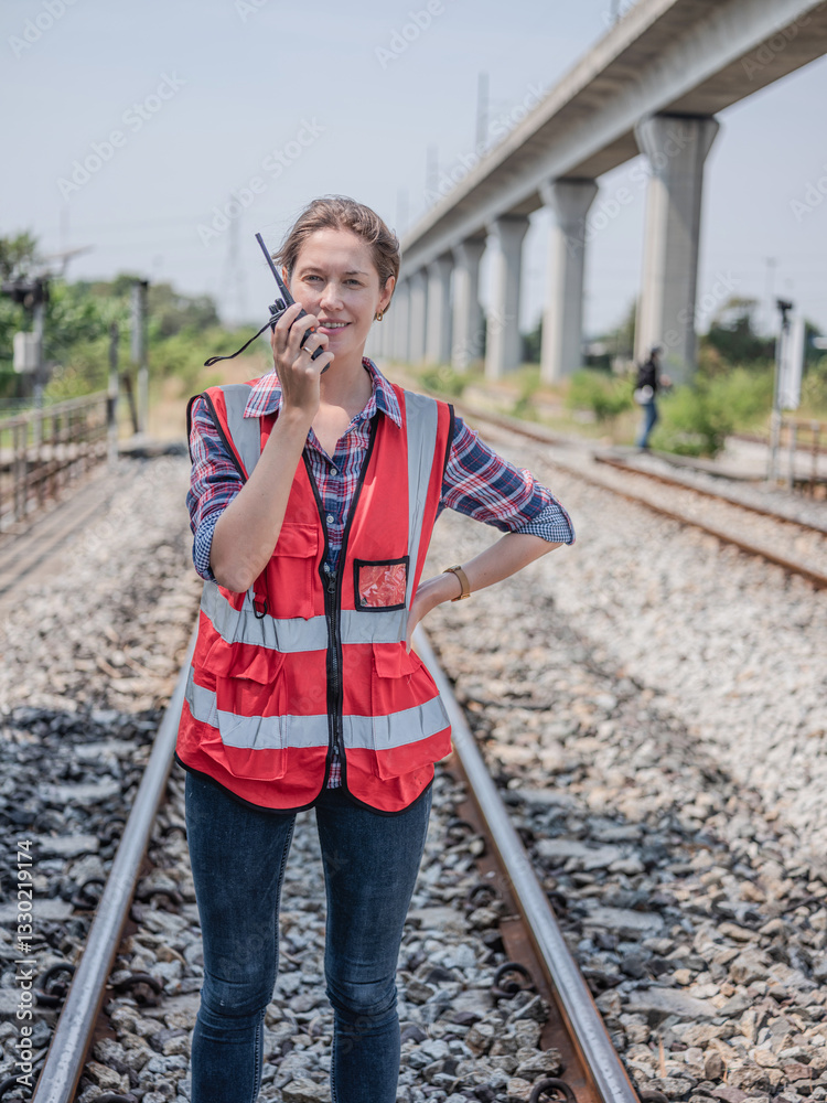 Construction workers use walkie talkie for project management, planning or communication via tablet. Architects, contractors or engineering professionals are happy