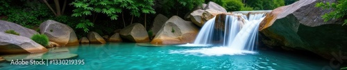 Waterfall cascading into a crystal-clear pool, pool, serene, natural