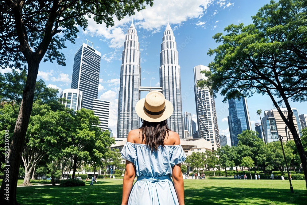 Fototapeta premium a woman standing in a lush green park facing the iconic petronas towers in kuala lumpur una mujer de pie en un frondoso parque verde frente a las emblemáticas torres petronas de kuala lumpur