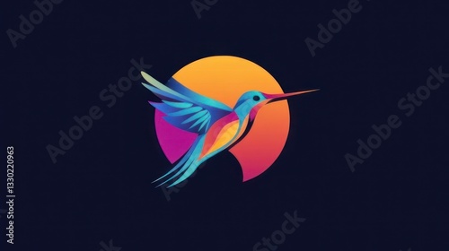 Vibrant hummingbird logo design, dynamic flight against a sunburst photo