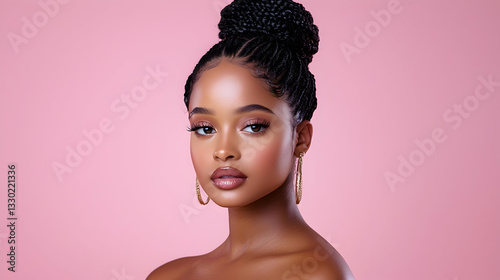 Portrait of a Young Woman with Braids and Gold Earrings Against a Pink Background