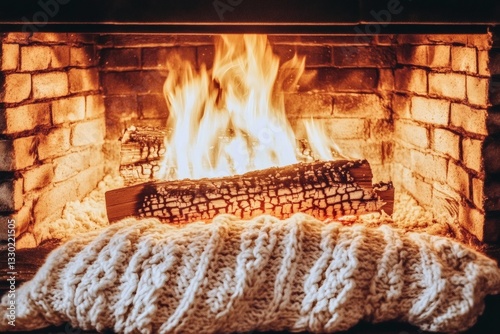 Cozy Knit Blanket & Crackling Fireplace: Rustic Brick Hearth photo