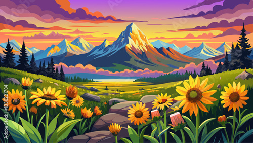 Balsamroot wildflowers bloom below the Teton Mountains during a colorful sunrise in Grand Teton National Park, Wyoming.