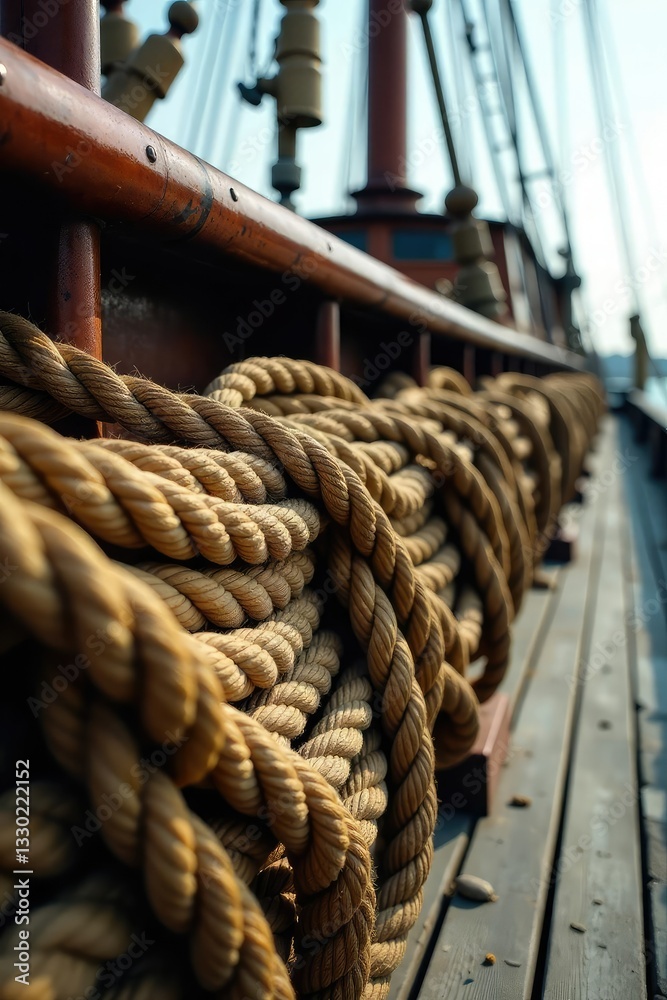 Obraz premium Weathered ropes piled high on a wooden ship deck, routes, maritime equipment