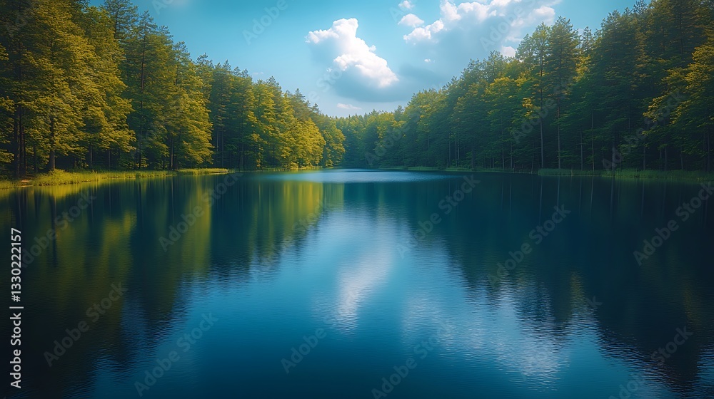 Fototapeta premium Scenic Lake View Surrounded by Lush Green Forest reflecting against a Clear Blue Sky with White Clouds Landscape.