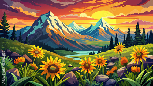 Balsamroot wildflowers bloom below the Teton Mountains during a colorful sunrise in Grand Teton National Park, Wyoming.