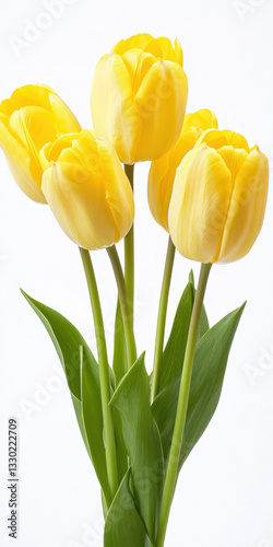 Bright and Cheerful Yellow Tulips with Fresh Green Leaves