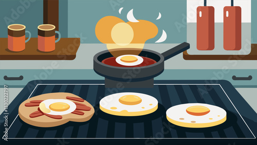 The soft and chewy texture of the arepas paired perfectly with the sizzling sounds of crispy bacon and eggs cooking on the stovetop.. Vector illustration