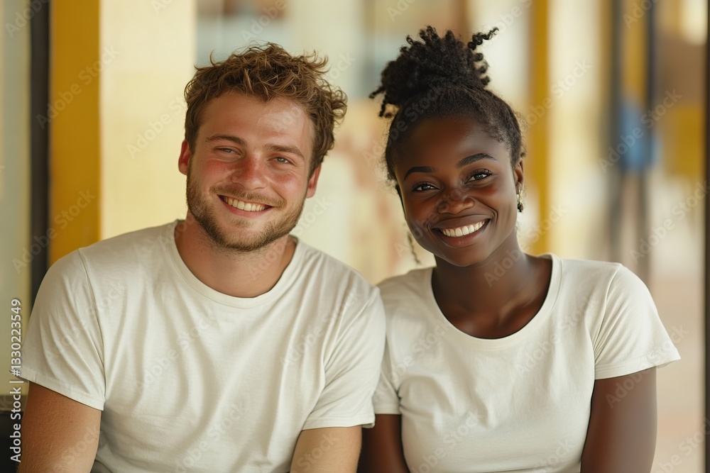 Obraz premium Couple enjoys a joyful moment together while sitting in casual t-shirts