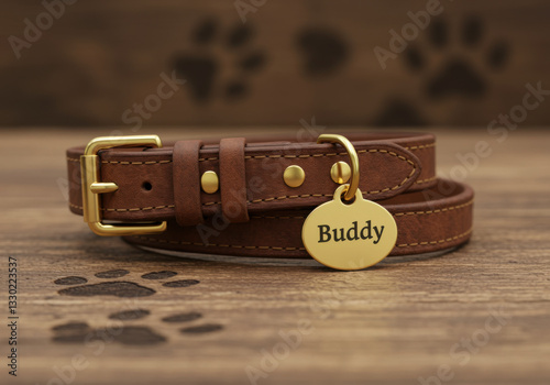 Luxury brown leather dog collar with gold buckle and engraved name tag, resting on a wooden surface with paw print design

