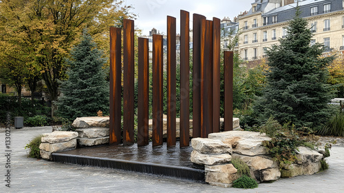 Rusted metal panels form a modern fountain