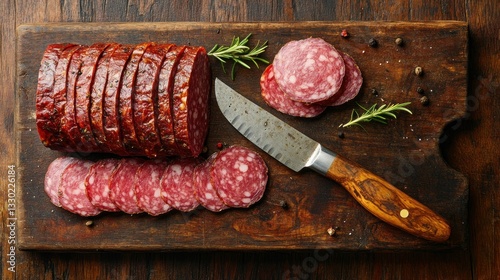 Sliced cured sausage on a wooden board (10)